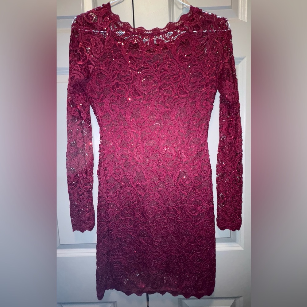 Sequin Hearts Deep Red Lace Long Sleeve Dress